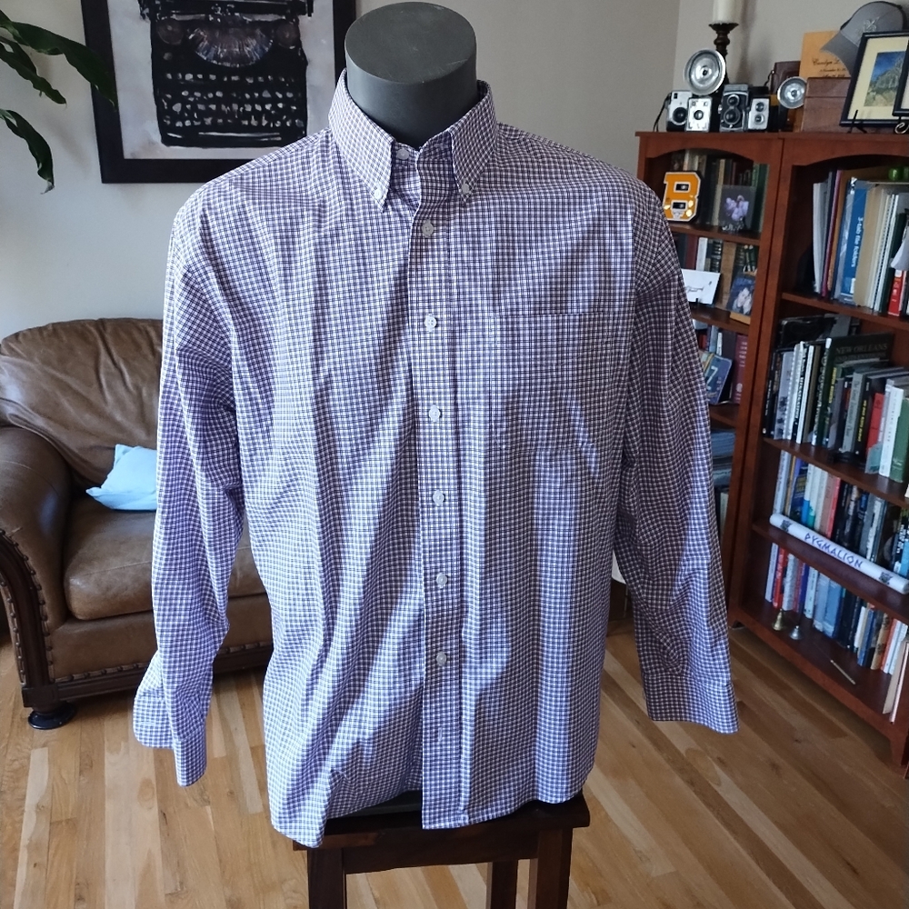Josh. A. Bank Large Traveler Long Sleeve Shirt, White w/ Red and Black Stripes